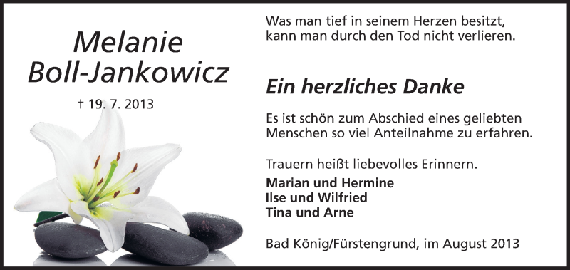  Traueranzeige für Melanie Boll-Jankowicz vom 03.08.2013 aus Odenwälder Echo
