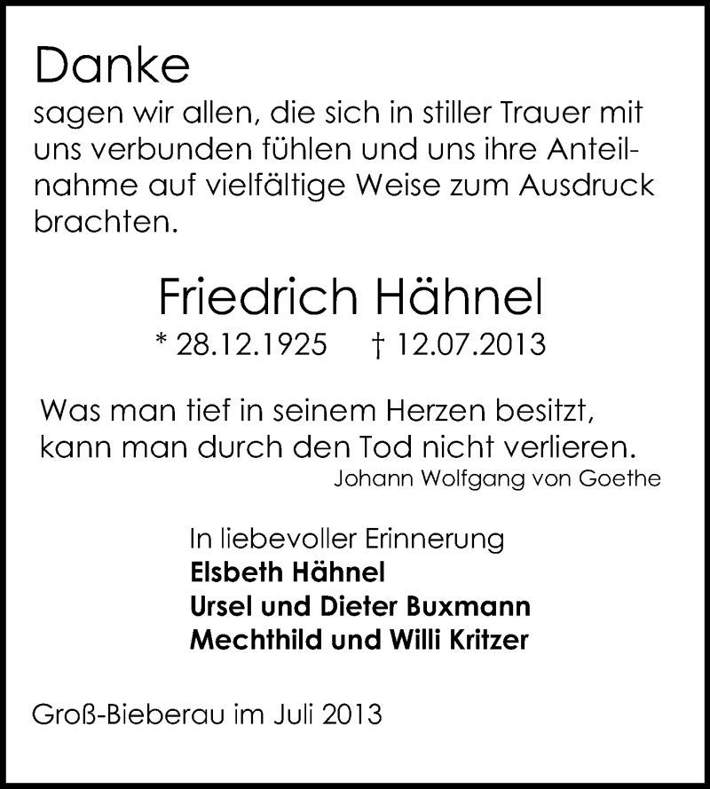  Traueranzeige für Friedrich Hähnel vom 03.08.2013 aus Echo-Zeitungen (Gesamtausgabe)