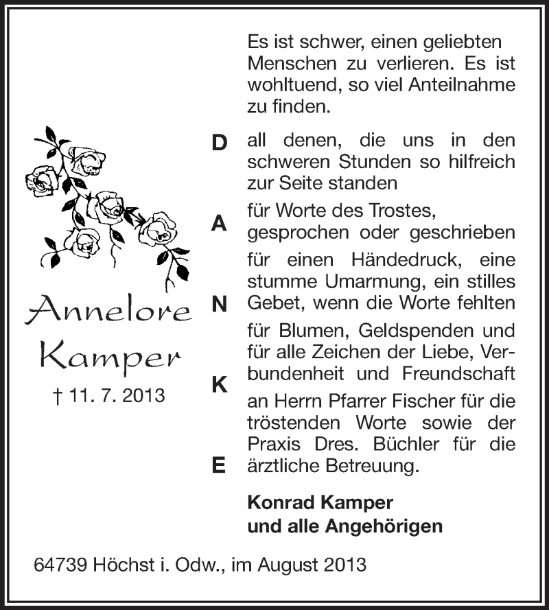  Traueranzeige für Annelore Kamper vom 03.08.2013 aus Echo-Zeitungen (Gesamtausgabe)