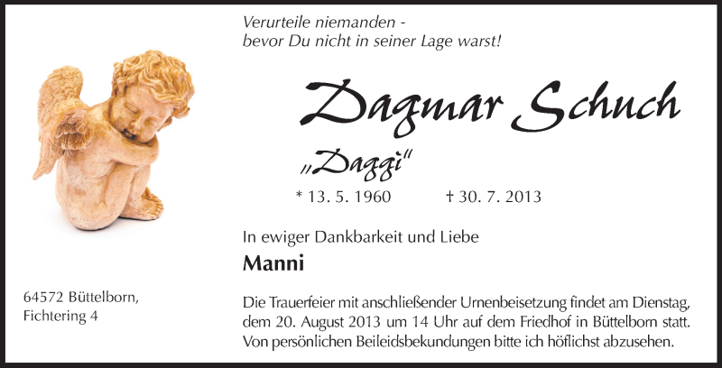  Traueranzeige für Dagmar Schuch vom 03.08.2013 aus Rüsselsheimer Echo, Groß-Gerauer-Echo, Ried Echo