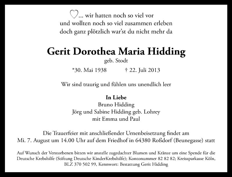  Traueranzeige für Gerit Dorothea Maria Hidding vom 03.08.2013 aus Echo-Zeitungen (Gesamtausgabe)