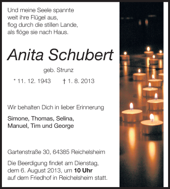 Traueranzeige von Anita Schubert von Odenwälder Echo