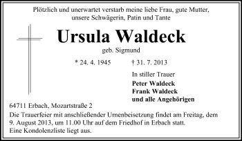 Traueranzeige von Ursula Waldeck von Odenwälder Echo