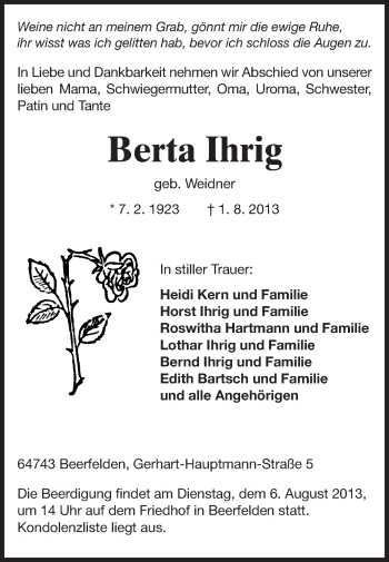 Traueranzeige von Berta Ihrig von Odenwälder Echo