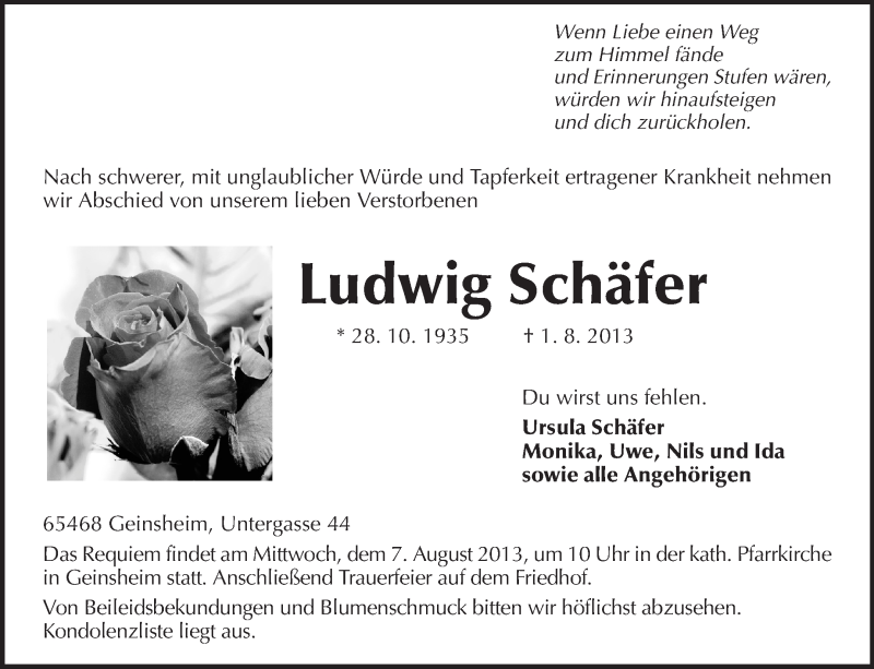  Traueranzeige für Ludwig Schäfer vom 05.08.2013 aus Rüsselsheimer Echo, Groß-Gerauer-Echo, Ried Echo