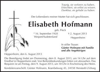 Traueranzeige von Elisabeth Hofmann von Starkenburger Echo