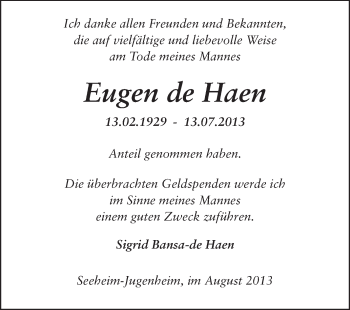 Traueranzeige von Eugen de Haen von Echo-Zeitungen (Gesamtausgabe)
