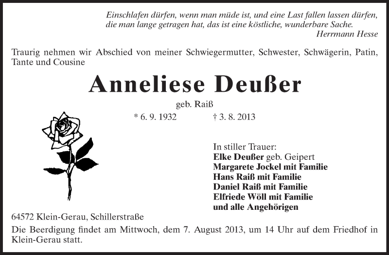  Traueranzeige für Anneliese Deußer vom 06.08.2013 aus Echo-Zeitungen (Gesamtausgabe)