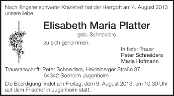 Traueranzeige von Elisabeth Maria Platter von Echo-Zeitungen (Gesamtausgabe)