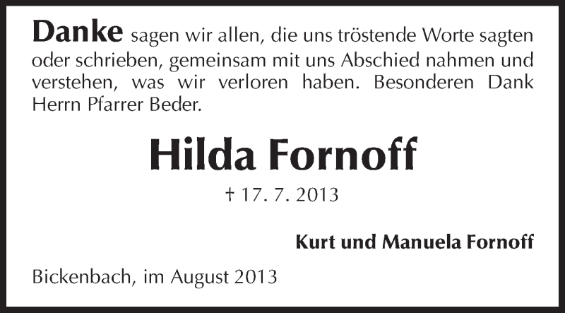  Traueranzeige für Hilda Fornoff vom 10.08.2013 aus Echo-Zeitungen (Gesamtausgabe)
