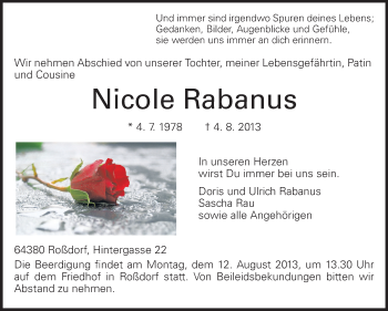 Traueranzeige von Nicole Rabanus von Echo-Zeitungen (Gesamtausgabe)