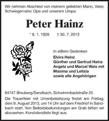 Traueranzeige von Peter Hainz von Odenwälder Echo