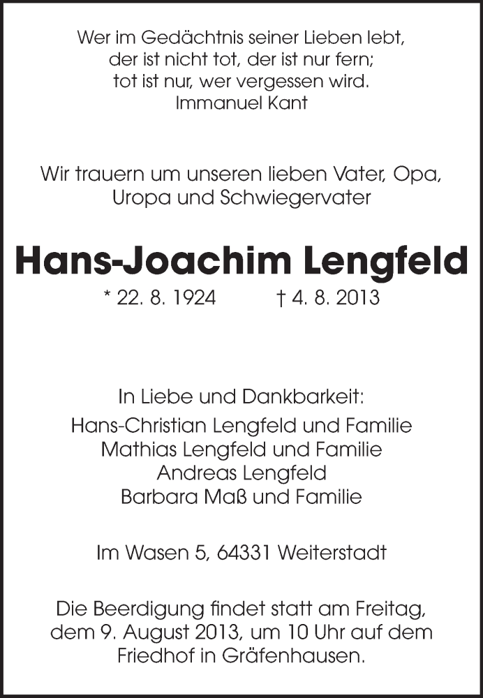  Traueranzeige für Hans-Joachim Lengfeld vom 07.08.2013 aus Echo-Zeitungen (Gesamtausgabe)