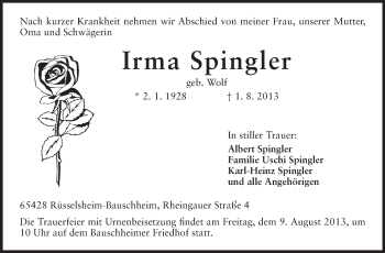Traueranzeige von Irma Spingler von Rüsselsheimer Echo, Groß-Gerauer-Echo, Ried Echo