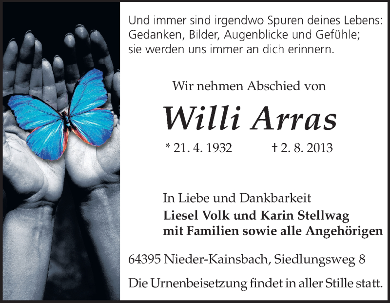  Traueranzeige für Willi Arras vom 10.08.2013 aus Odenwälder Echo