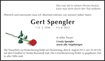 Traueranzeige von Gert Spengler von Echo-Zeitungen (Gesamtausgabe)