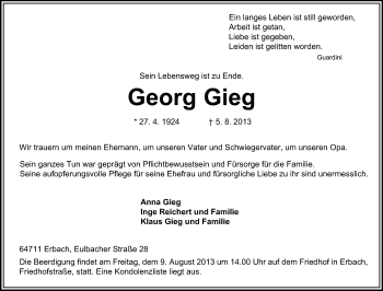 Traueranzeige von Georg Gieg von Echo-Zeitungen (Gesamtausgabe)
