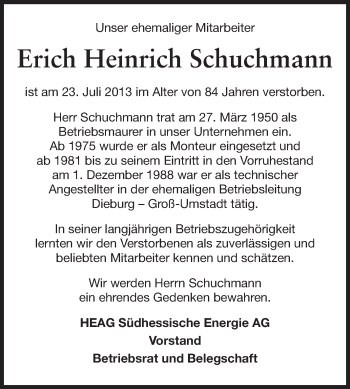 Traueranzeige von Erich Heinrich Schuchmann von Echo-Zeitungen (Gesamtausgabe)
