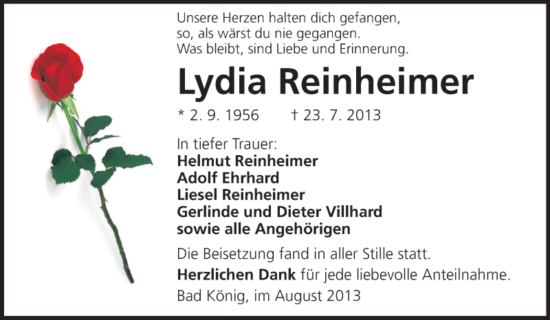  Traueranzeige für Lydia Reinheimer vom 10.08.2013 aus Echo-Zeitungen (Gesamtausgabe)