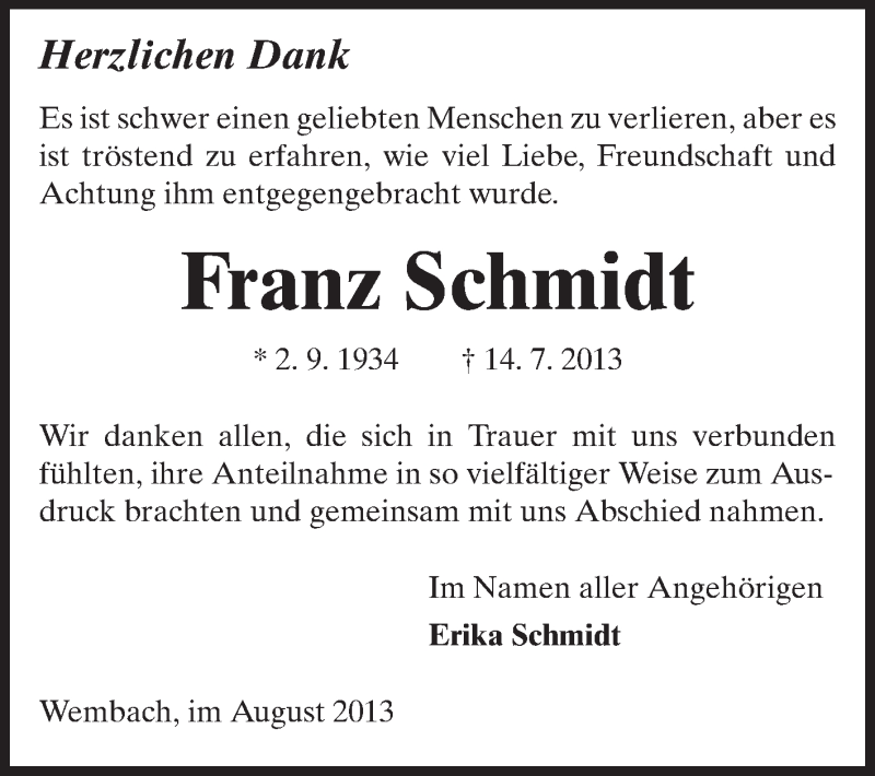  Traueranzeige für Franz Schmidt vom 10.08.2013 aus Echo-Zeitungen (Gesamtausgabe)