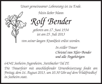 Traueranzeige von Rolf Bender von Echo-Zeitungen (Gesamtausgabe)