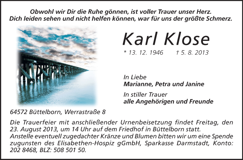  Traueranzeige für Karl Klose vom 09.08.2013 aus Rüsselsheimer Echo, Groß-Gerauer-Echo, Ried Echo