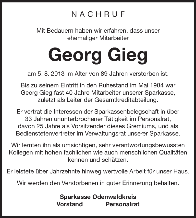  Traueranzeige für Georg Gieg vom 08.08.2013 aus Odenwälder Echo