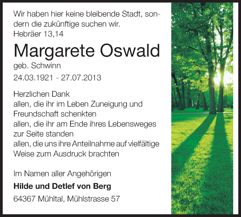  Traueranzeige für Margarete Oswald vom 10.08.2013 aus Echo-Zeitungen (Gesamtausgabe)