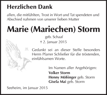 Traueranzeige von Marie Storm von Echo-Zeitungen (Gesamtausgabe)