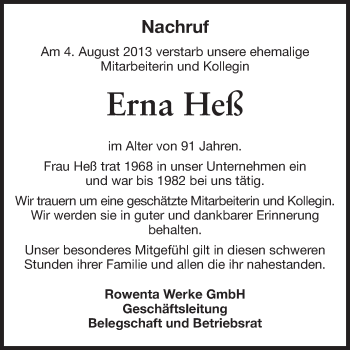 Traueranzeige von Erna Heß von Odenwälder Echo