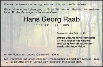 Traueranzeige von Hans Georg Raab von Echo-Zeitungen (Gesamtausgabe)