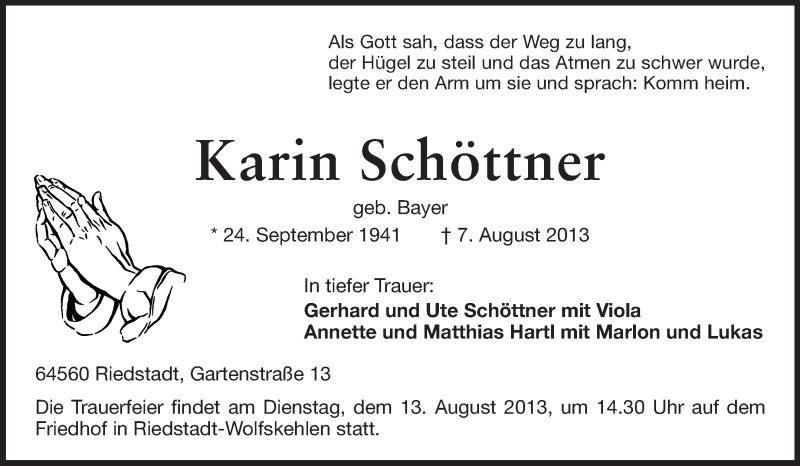  Traueranzeige für Karin Schöttner vom 10.08.2013 aus Echo-Zeitungen (Gesamtausgabe)