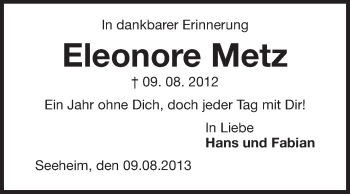Traueranzeige von Eleonore Metz von Echo-Zeitungen (Gesamtausgabe)