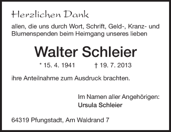 Traueranzeige von Walter Schleier von Echo-Zeitungen (Gesamtausgabe)