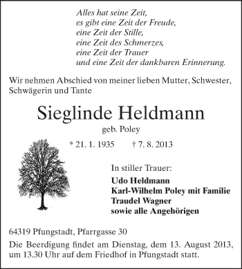 Traueranzeige von Sieglinde Heldmann von Echo-Zeitungen (Gesamtausgabe)