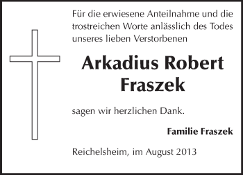 Traueranzeige von Arkadius Robert Fraszek von Odenwälder Echo