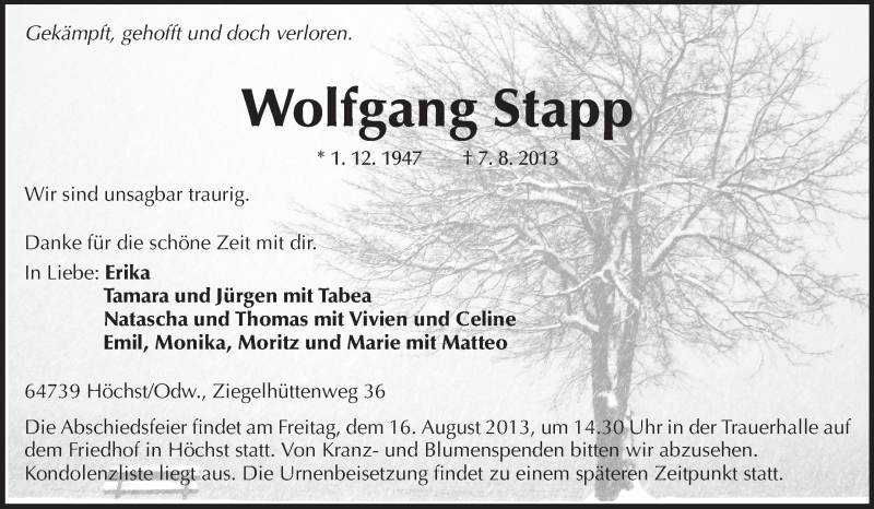  Traueranzeige für Wolfgang Stapp vom 13.08.2013 aus Odenwälder Echo