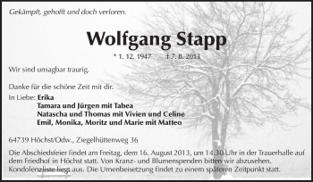 Traueranzeige von Wolfgang Stapp von Odenwälder Echo