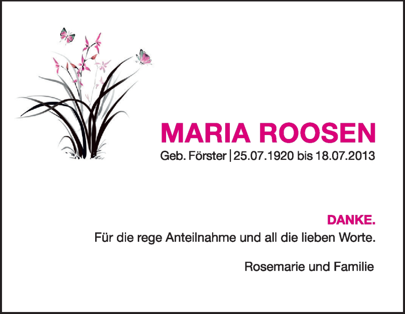  Traueranzeige für Maria Roosen vom 10.08.2013 aus Rüsselsheimer Echo, Groß-Gerauer-Echo, Ried Echo