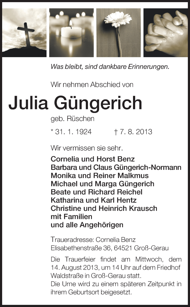  Traueranzeige für Julia Güngerich vom 10.08.2013 aus Echo-Zeitungen (Gesamtausgabe)