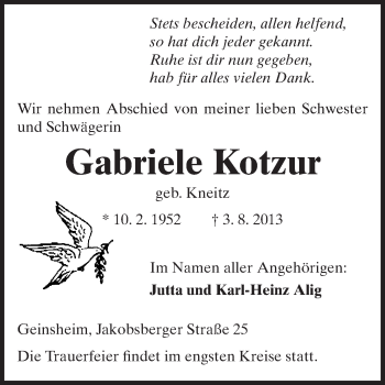 Traueranzeige von Gabriele Kotzur von Rüsselsheimer Echo, Groß-Gerauer-Echo, Ried Echo