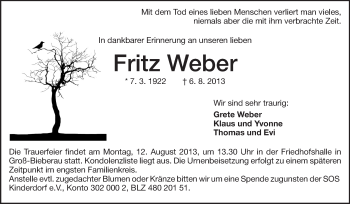 Traueranzeige von Fritz Weber von Echo-Zeitungen (Gesamtausgabe)