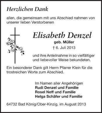 Traueranzeige von Elisabeth Denzel von Odenwälder Echo