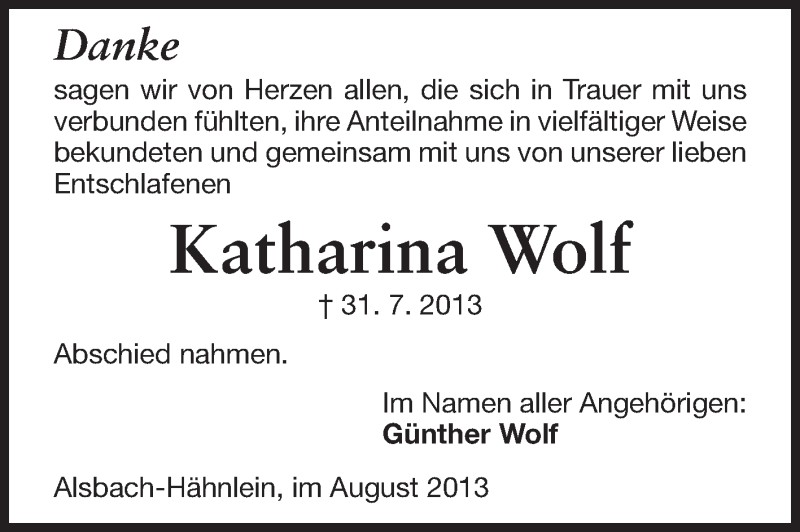  Traueranzeige für Katharina Wolf vom 17.08.2013 aus Echo-Zeitungen (Gesamtausgabe)