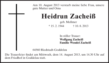 Traueranzeige von Heidrun Zacheiß von Rüsselsheimer Echo, Groß-Gerauer-Echo, Ried Echo
