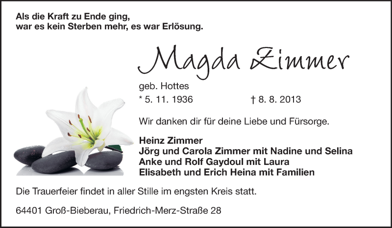  Traueranzeige für Magda Zimmer vom 14.08.2013 aus Echo-Zeitungen (Gesamtausgabe)