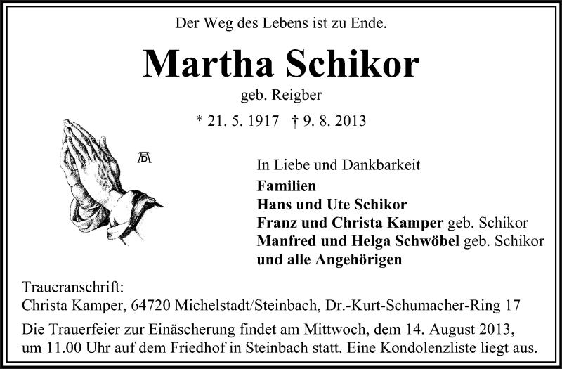  Traueranzeige für Martha Schikor vom 12.08.2013 aus Odenwälder Echo