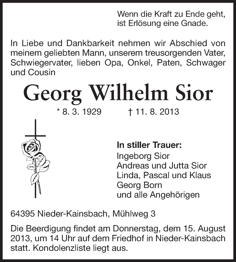  Traueranzeige für Georg Wilhelm Sior vom 13.08.2013 aus Odenwälder Echo