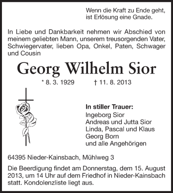 Traueranzeige von Georg Wilhelm Sior von Odenwälder Echo