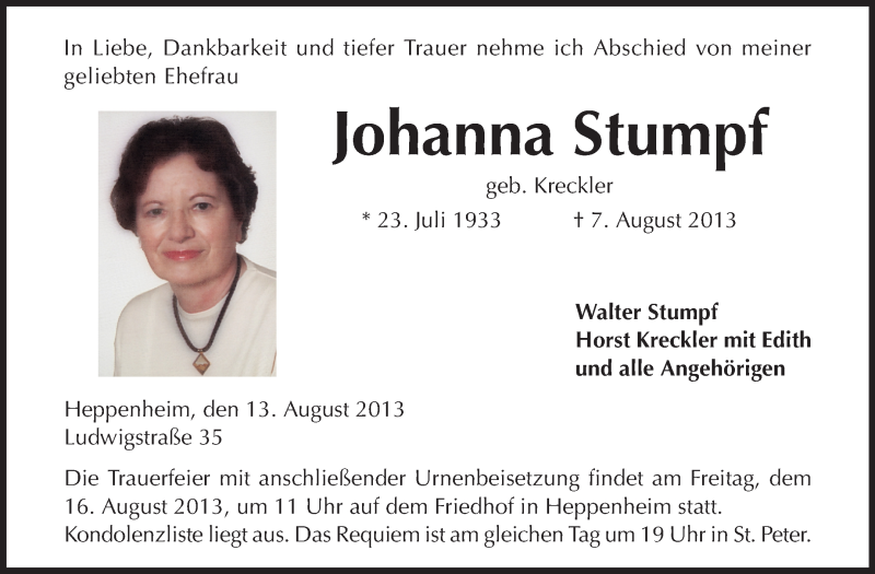  Traueranzeige für Johanna Stumpf vom 13.08.2013 aus Starkenburger Echo